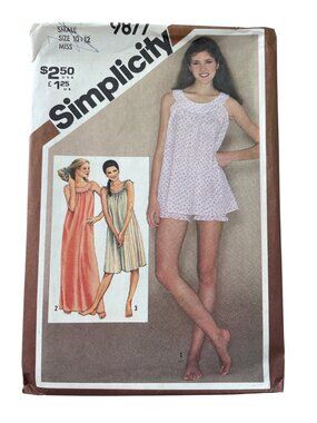 80s Simplicity 9877 Sewing Pattern Small Sizes 10-12 Nightgown & Baby Doll CUT